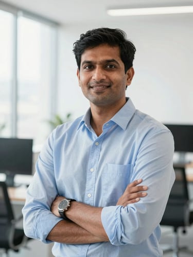 Professional, authentic portrait of an Indian founder in a bright, modern office space, high-key natural daylight, sharp focus, 35mm lens.