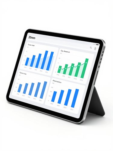 A modern tablet displaying a clean financial health dashboard with blue and green charts, bright high-key studio lighting, white background, sharp focus, 35mm lens