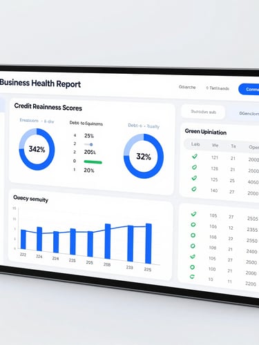 A high-fidelity digital dashboard mockup displaying a detailed Business Health Report with credit readiness scores, debt-to-equity ratios, and green optimization checklists