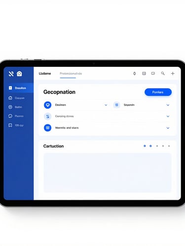 Clean minimalist UI dashboard mockup on a modern tablet, bright high-key studio lighting, crisp corporate blue tones, sharp focus