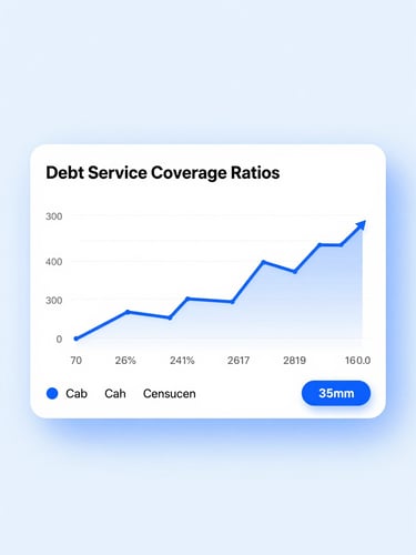 A clean minimalist UI dashboard illustrating debt service coverage ratios and cash flow trends, bright studio lighting, corporate blue tones