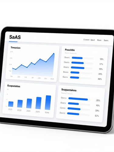 A bright, high-key studio photograph of a modern tablet displaying financial charts and SaaS dashboards, crisp white and corporate blue tones, sharp focus.