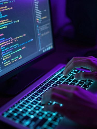 Close-up of a developer's hands typing complex code on a glowing keyboard, neon cyan and purple ambient light reflecting off the screen, dark-mode tech photography, 35mm