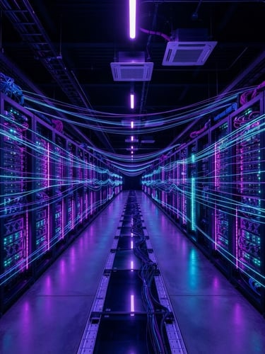 Wide shot of a modern, dark server room with neon purple and cyan glowing racks, data streams visualized as abstract light, sharp focus.