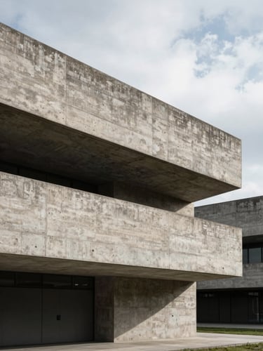Stark architectural geometry of a brutalist concrete structure with deep cast shadows, overcast European daylight, minimalist composition.