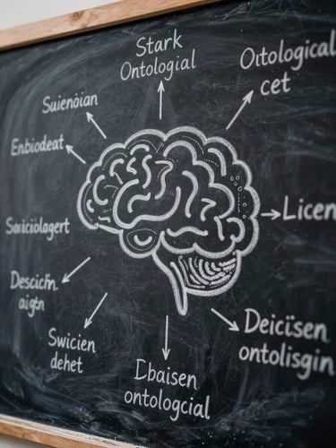 Stark close-up of a slate chalkboard with hand-drawn cognitive mapping and German ontological terms, harsh side-lighting, high contrast.