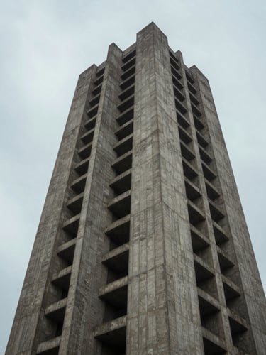 Stark brutalist concrete tower rising into an overcast sky, sharp vertical lines, cold directional lighting, wide panoramic crop.
