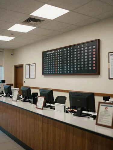 Wide-angle interior of a regulated exchange office, teller counter in the foreground with rate board mounted on the wall, official license frames visible, professional overhead lighting, no people present, orderly and institutional atmosphere conveying process and accountability