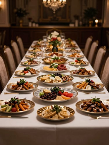 A grand banquet hall in Gothenburg, beautifully decorated long tables with white linen and gold accents under warm ambient lighting, exquisite Middle Eastern platters, editorial food photography