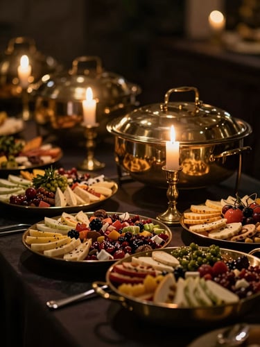 Close-up of a luxurious wedding buffet table, warm golden candlelight reflecting on polished brass serving dishes, artfully arranged Levantine mezze, dark moody background, shallow depth of field, 85mm lens