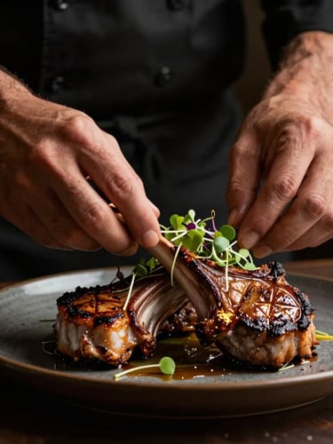 Chef Ammouri meticulously arranging micro-greens on a beautifully seared lamb chop, dark editorial style, warm side-lighting, rich textures