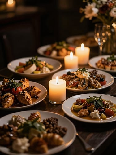 Close-up of a luxurious wedding buffet setup in Stockholm, glowing candles casting a warm golden light on premium Levantine dishes, dark moody background, elegant editorial food photography, 85mm lens