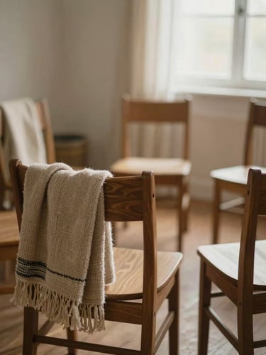 Soft diffused natural light warming a circle of empty wooden chairs with woven blankets draped over them, quiet atmosphere.