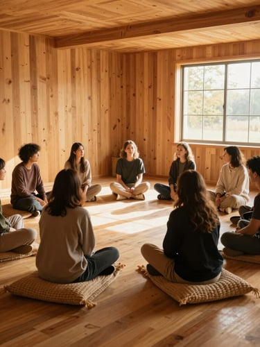 Medium-wide environmental shot of a warm, sunlit room with natural cedar wood textures, a group of people sitting in a circle on woven blankets, soft golden hour light filtering through a window, quiet and safe atmosphere.