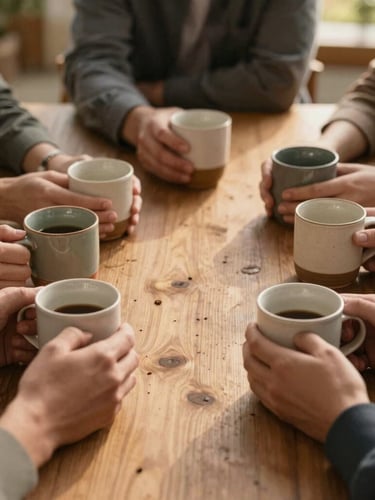 Wide environmental shot of hands holding warm ceramic mugs around a rustic cedar table, soft golden hour light, representing community-held space.