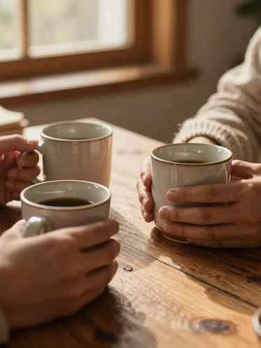 A close-up of hands holding warm ceramic mugs around a rustic cedar table, soft golden hour light filtering through a window, natural woven blankets visible.