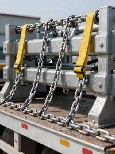 Close-up of heavy-duty steel chains and yellow tension straps securing industrial machinery on a flatbed trailer, metallic textures, sharp focus, crisp daylight