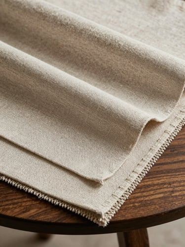 Macro shot of high-end linen drapery and textured wallpaper samples layered on a dark oak table, soft side lighting highlighting the weave, warm beige tones.