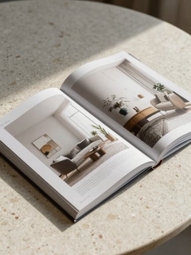 A premium hardcover interior design magazine lying open on a travertine table, showing editorial pages of neutral interiors, soft shadows.