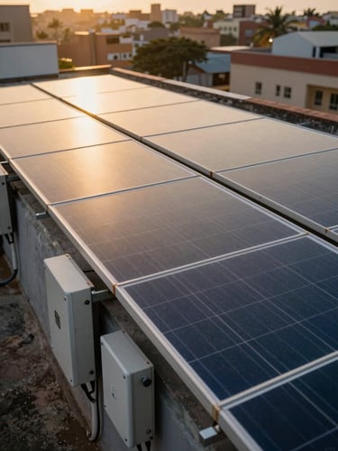 Panoramic close-up of solar panels installed on a rooftop in Conakry, Guinea, at golden hour, inverter units mounted on the wall below, warm directional light raking across the panel surface, city rooftops visible in the background distance