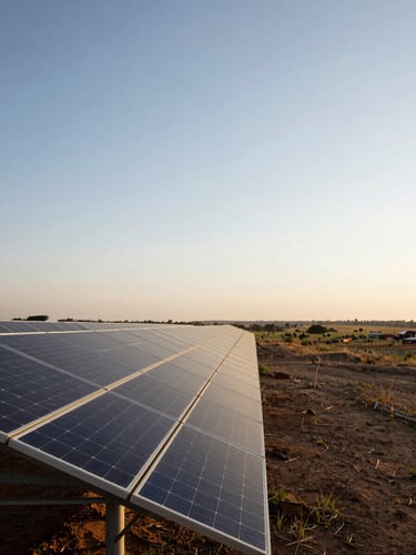 Wide panoramic view of a large-scale solar panel installation in West Africa at golden hour, rows of photovoltaic panels stretching toward the horizon on the left third, open sky and distant landscape occupying the right two-thirds, no people, natural daylight drama