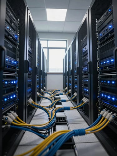 Wide panoramic view of a server room in an African city office, rows of active rack servers illuminated by cool blue indicator lights, foreground cables in sharp focus, deep perspective toward the back wall, natural light from a high window cutting across the infrastructure