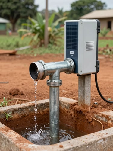 Close-up daylight shot of a solar-powered borehole pump installation in rural Guinea, galvanized steel pipe emerging from red earth, Solax inverter unit mounted on a concrete post beside it, water flowing into a concrete basin, lush vegetation in the background