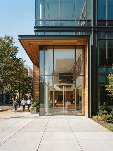 Bright architectural photography of a modern office building entryway in Wilmington, Delaware, natural daylight, high-contrast clean lines, warm editorial tone, 35mm lens