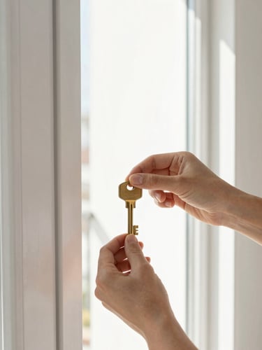 Close-up of hands holding a brass key in front of a bright, sunlit modern apartment doorway, clean high-contrast composition