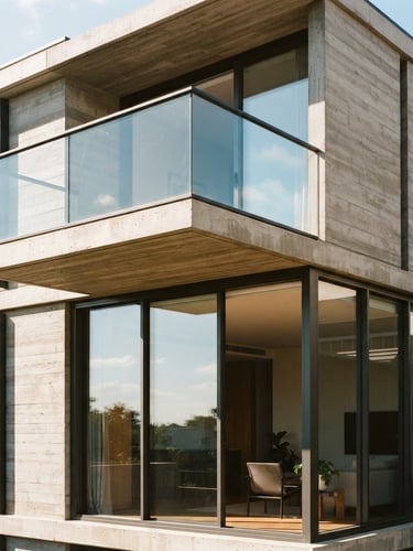 Bright modern architectural detail of a concrete and glass residential building under bright natural daylight, clean lines, high-contrast warm editorial style