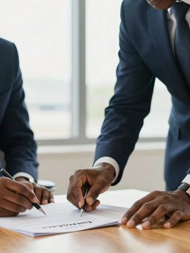 Close-up editorial portrait of two business partners in a bright Conakry boardroom, reviewing signed trade documents in natural daylight, sharp focus.