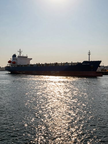 Wide environmental shot of Conakry port infrastructure at bright daylight, deep navy cargo ships, golden hour light reflecting on water, 35mm lens