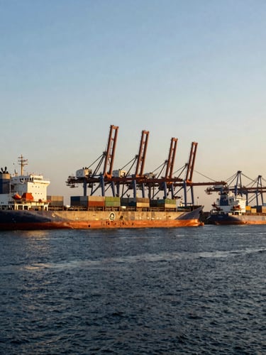 Wide environmental shot of Conakry port infrastructure at dawn, deep navy water, cargo ships framed by warm gold daylight, editorial corporate photography style.