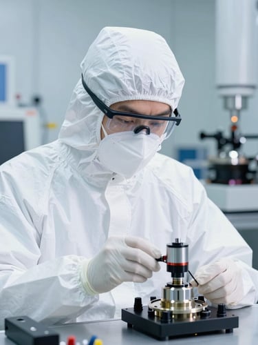 Portrait photo of a cleanroom technician in a full bunny suit, meticulously assembling optical components under high-key lighting. The background shows sterile equipment and a glimpse of a laser alignment system. industrial technical photography, cool high-key cleanroom light, sharp focus, precision optical elements, 35mm lens
