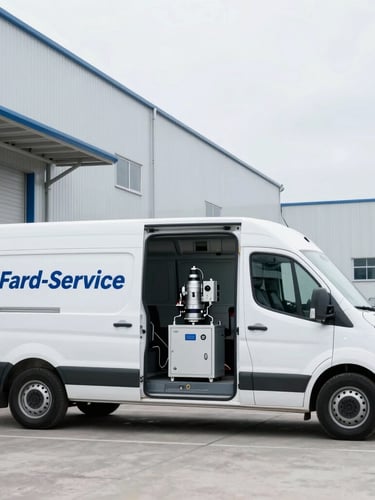 Branded field-service vehicle parked outside a modern industrial facility, crisp overcast daylight, showing technical equipment being unloaded.