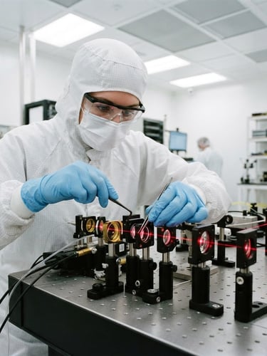 Cleanroom technician in full bunny suit assembling a precision optical system, laser alignment tools visible, high-key cleanroom lighting, sharp focus on hands and optical elements.