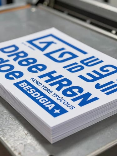 A wide angle shot of a freshly printed stack of high-contrast marketing flyers on a heavy industrial cutting table, showing sharp blue ink details.
