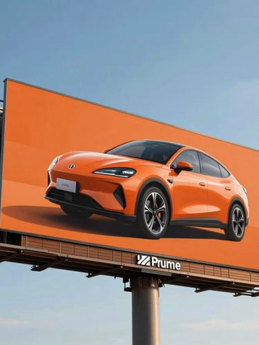 Wide environmental shot of a massive 40-foot highway billboard under bright daylight, displaying bold orange automotive branding against a clear blue sky.