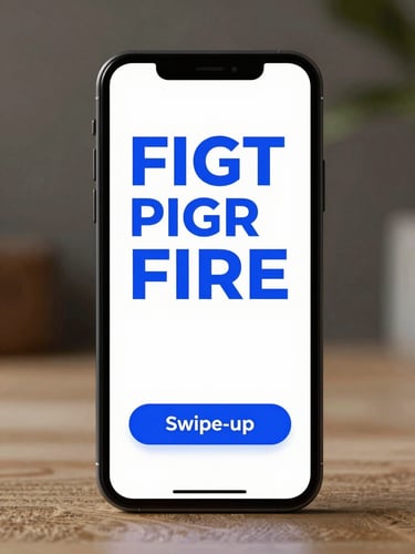 A crisp smartphone mockup displaying a vertical Instagram story ad with bold blue typography and a swipe-up retail offer.