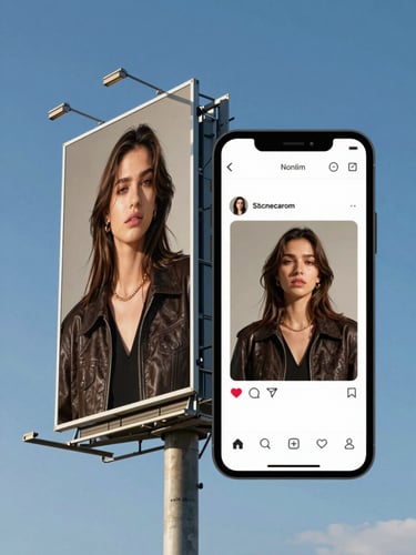 A high-impact physical billboard standing tall against a bright blue sky, paired side-by-side with a crisp smartphone screen displaying a matching social media advertisement.