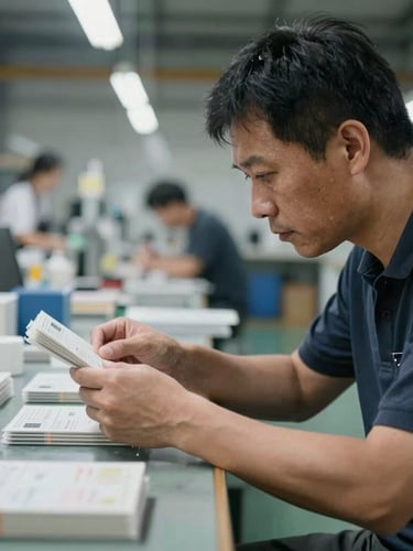 Jack inspecting products on a factory floor in Shenzhen, natural industrial lighting, close-up on hands checking a product, realistic muted colors, 35mm lens, candid and unpolished