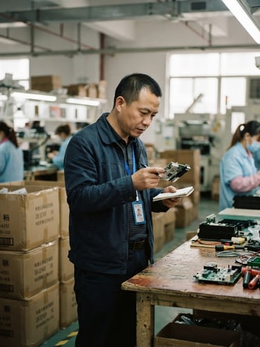 Jack, a Chinese sourcing agent, on a Shenzhen factory floor, inspecting products, natural industrial lighting, candid medium shot, showing real-world action, raw cardboard cartons in background, 35mm lens.