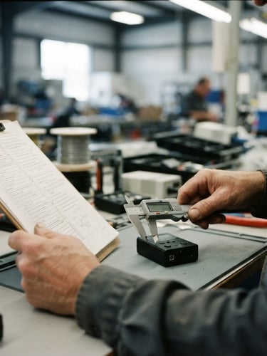 Close-up shot of Jack's hands holding a product inspection checklist and a caliper, checking dimensions of a small electronic device on a factory workbench, natural industrial lighting, documentary style.