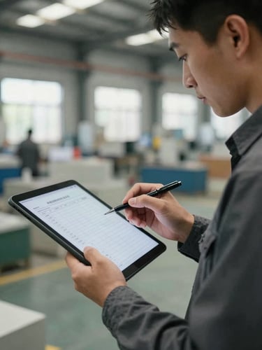Jack, a Chinese sourcing agent, reviewing a product checklist at a factory, close-up on hands holding a tablet and pen, natural industrial lighting, candid, realistic muted colors, 35mm lens.