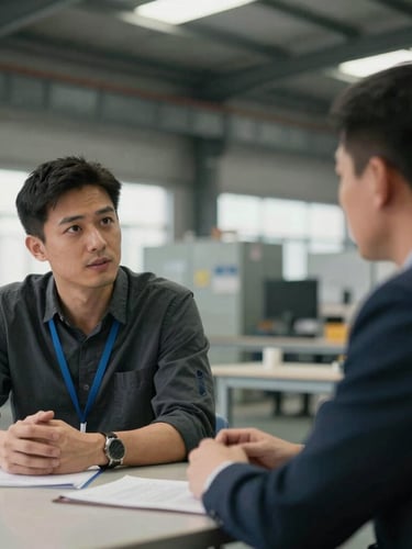 Portrait shot of Jack, a personal sourcing agent, actively engaged in a negotiation with a Chinese factory manager, both seated at a table, showing focused expressions, natural industrial warehouse lighting, realistic muted colors, 35mm lens, candid and unpolished