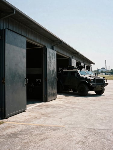 Wide panoramic shot of a tactical training facility's exterior, featuring heavy steel doors, a specialized armored vehicle, and a distant industrial landscape under harsh direct sunlight, gritty tactical photography.