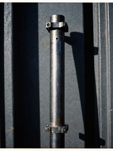 Close-up portrait shot of a tactical breaching tool (e.g., hydraulic spreader or ballistic ram) with heavy steel door fragments in the background, harsh direct sunlight, dark charcoal and metallic tones, sharp focus, 35mm film grain, action-oriented