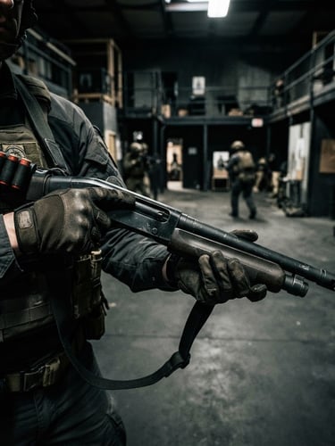 Close-up of an operator's hands manipulating a ballistic breaching shotgun, high-contrast lighting, dark tactical gear, sharp focus, muzzle flash contained, wide panoramic view of a training facility in the background.