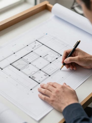 Professional consultant examining architectural plans on a drafting table, clean lines, bright natural daylight, medium shot, focused on details of the plan.