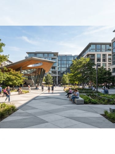 Wide architectural shot of a modern public plaza with clear sightlines and strategic landscaping, bright natural daylight, clean geometric lines, professional editorial style.